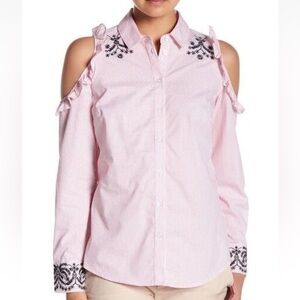 Nanette Lepore Flamingo Dream Pink Ruffled Cold Shoulser Button Down Shirt Small